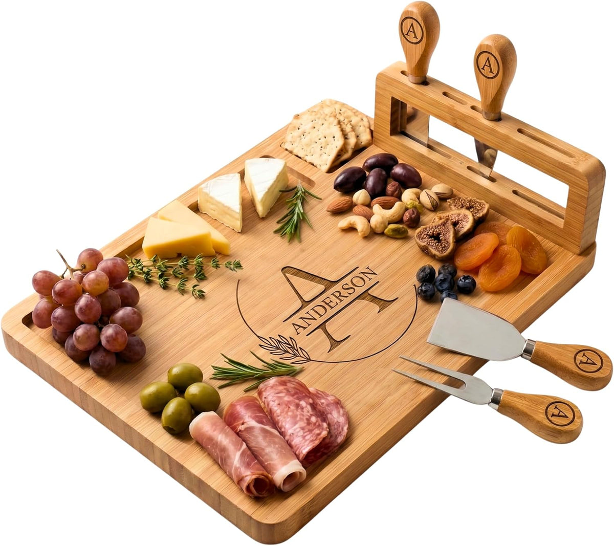 Personalized Bamboo Charcuterie Board Set with Accessories – Custom Large Serving Tray with Knives for Wedding, Anniversary, Bridal Shower, Women, Housewarming, Engagement, Couples, Mother’s Day Gifts