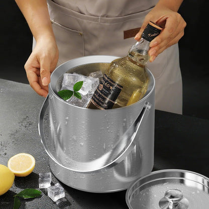 Ice Bucket, Ice Bucket with Lid Ice Tong Ice Scoop and Strainer for Cocktail Parties 3L Stainless Steel Insulated Ice Bucket Double Wall Keeps Ice Cold&Dry for Home Bar Beer Champagne