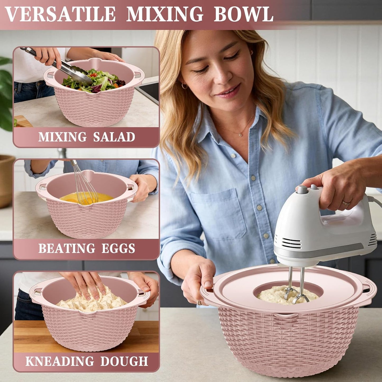 4-in-1 Colander with Bowl Set — Patented 360° Rotatable Strainer Bowl with 3 Graters, Snap-On Lid & Non-Slip Base, Funny Kitchen Present for Women, Aesthetic Pasta Fruit Vegetable Strainer (Beige)