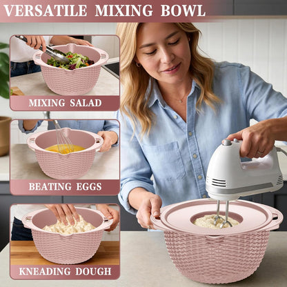 4-in-1 Colander with Bowl Set — Patented 360° Rotatable Strainer Bowl with 3 Graters, Snap-On Lid & Non-Slip Base, Funny Kitchen Present for Women, Aesthetic Pasta Fruit Vegetable Strainer (Beige)