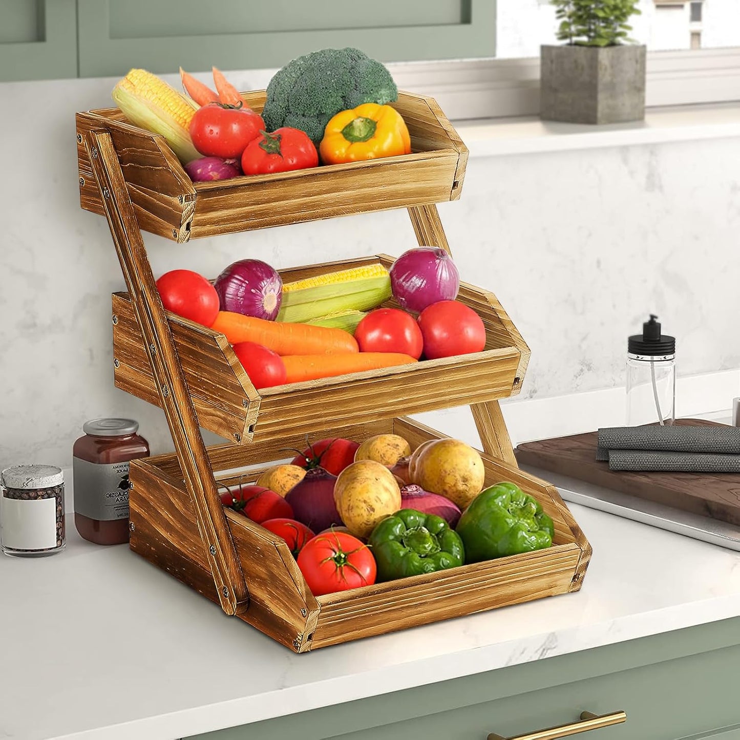 G.a HOMEFAVOR Large Bamboo Fruit Basket, 2-Tier Fruit Bowl for Kitchen Counter, Vegetable Storage Stand for Fruit Shop, 15 mm Thickness (Self-assembly)