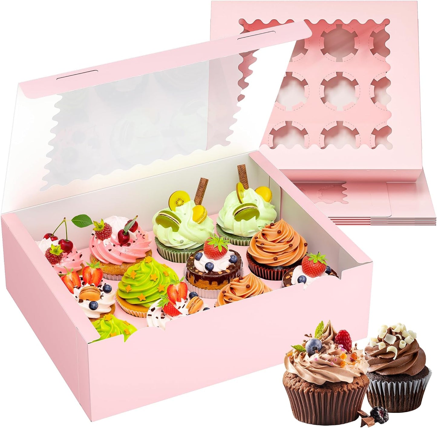 RYDDOY 4 Pack Cupcake Boxes, Hold 12 Standard Cupcakes, Cupcake Containers with Window and Inserts, High Grade Cupcake Holder, for Birthday Holiday Party, Supplies for Cupcakes, Desserts and More