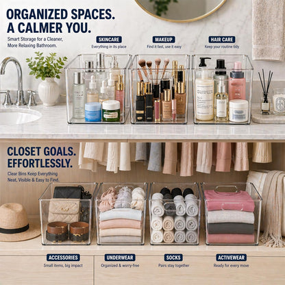 MOONEDGE 6 Pack Clear Organizer Bins 11x8x6in Pantry Organizers and Storage | Clear Containers for Organizing, Plastic Storage Bins with Handles for Drawer, Craft, Fridge, Kitchen Cabinet Shelf
