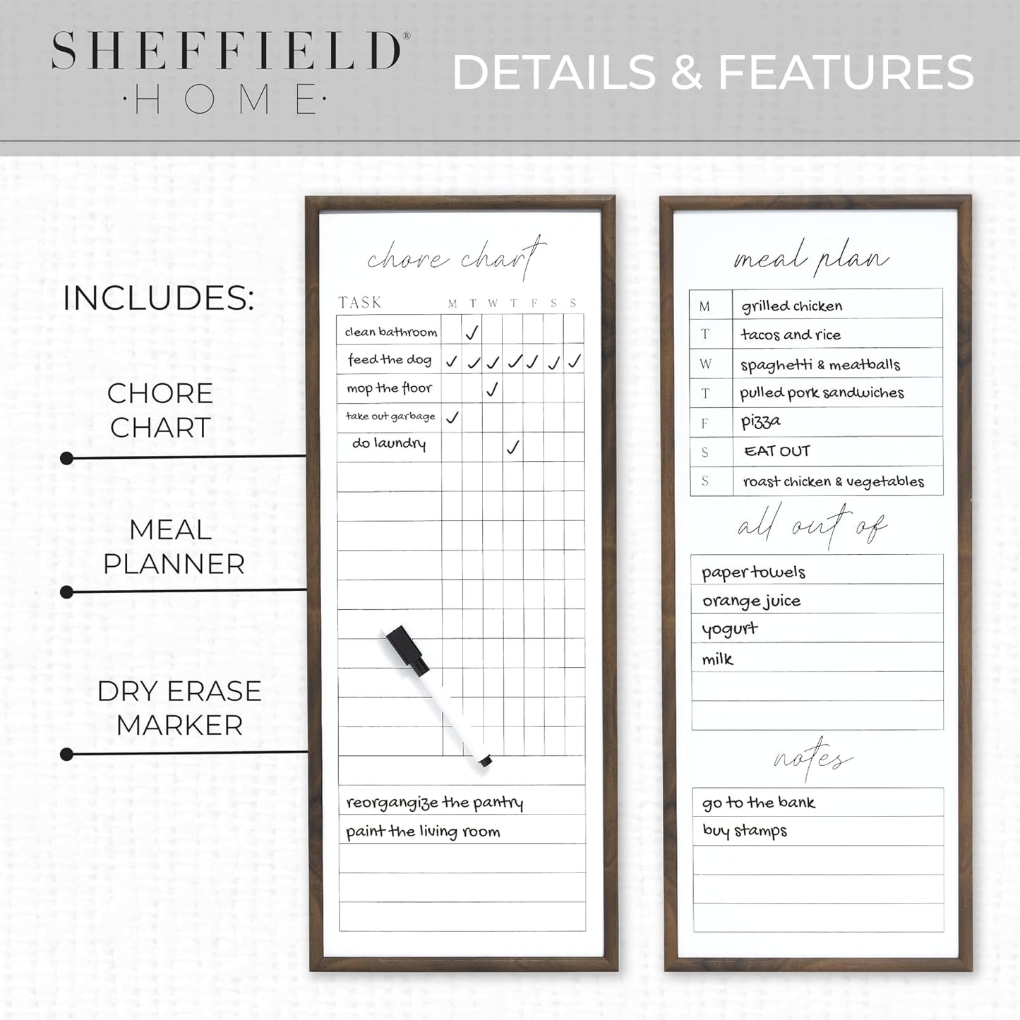 Sheffield Home Set of Two Family Planner Dry Erase Boards Featuring, Chore Chart, Shopping List, Weekly Meal Planner and Notes, 9x21 Inch, Natural
