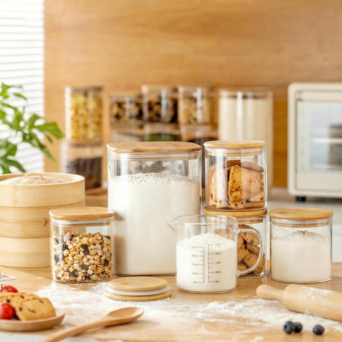 Large Glass Storage Containers 168oz, 2 Pack Pantry Jars with Bamboo Lids | Square Borosilicate Glass Jar with Airtight Lid Keep Flour, Sugar & Rice Fresh, Fits 5lb Bag, BPA-Free for Pantry Organizer