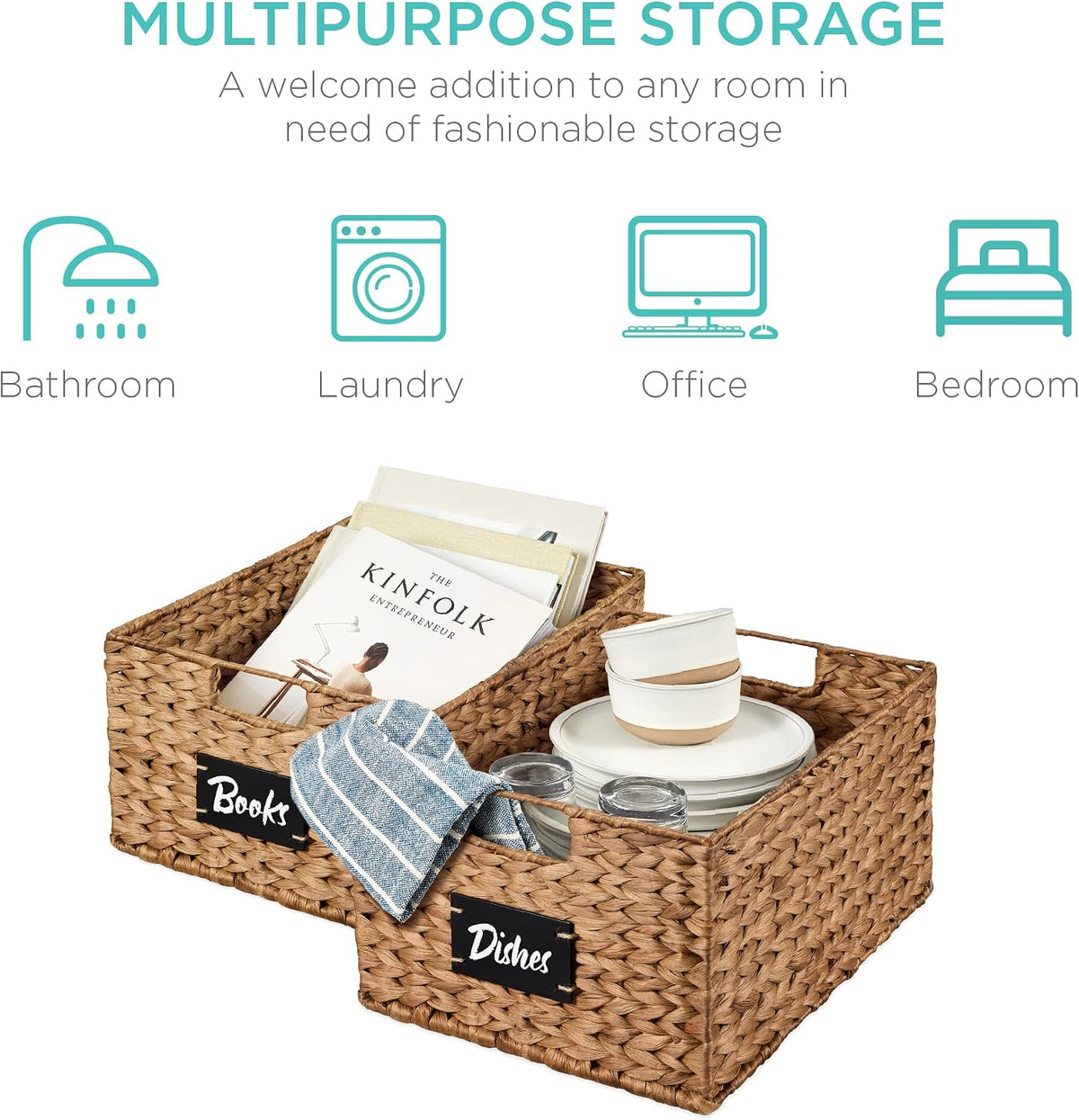 Best Choice Products Set of 4 9x12in Water Hyacinth Pantry Baskets, Woven Organizers w/Chalkboard Label, Chalk Marker - Natural