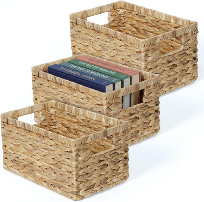 Water Hyacinth Storage Baskets Set of 2 with Handles, Rectangular Storage Baskets for Shelves, Open-Top Wicker Shelf Baskets for Closet, Bathroom, Pantry & Home Organization