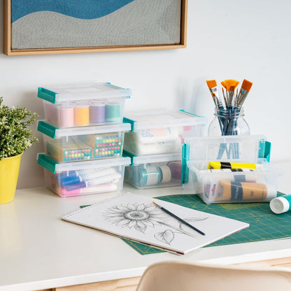 IRIS USA 12 Qt. Craft Storage Bins with Lids, 4-Pack, |Made in USA|, Clip Box, Medium Plastic Sensory Bin Tote Organizer Containers for Art Supplies, Paper, & Office, Stackable - Clear/Seafoam Blue