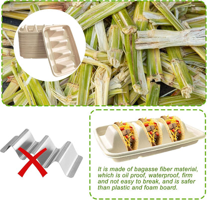 50PCS Disposable Taco Holder for Party，Disposable Taco Plates with 3 Dividers Disposable Taco Holders for Taco Tray Holder, Pulp Fiber Plates Disposable for Taco Tuesday Lazy Susan Taco Bar