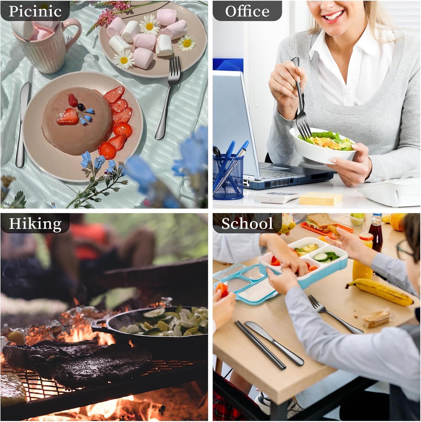 Travel Utensils with Case, Stainless Steel Camping Cutlery Set, Reinforced Case with Snap-Lock Closure, Include Fork Spoon Knife Chopsticks, Portable Lunch Box Silverware for Picnic Office, Black