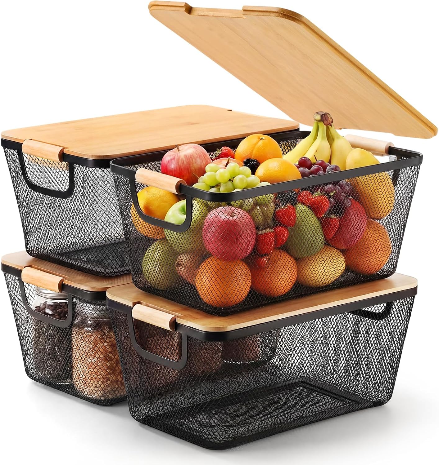 Geelin 4 Pcs Metal Wire Basket with Wooden Handles and Bamboo Lids 12.2 x 8.27 x 5.51 Mesh Steel Basket Stackable Storage Bins Organizer Containers for Vegetables Fruit Home Cabinet Pantry(White)