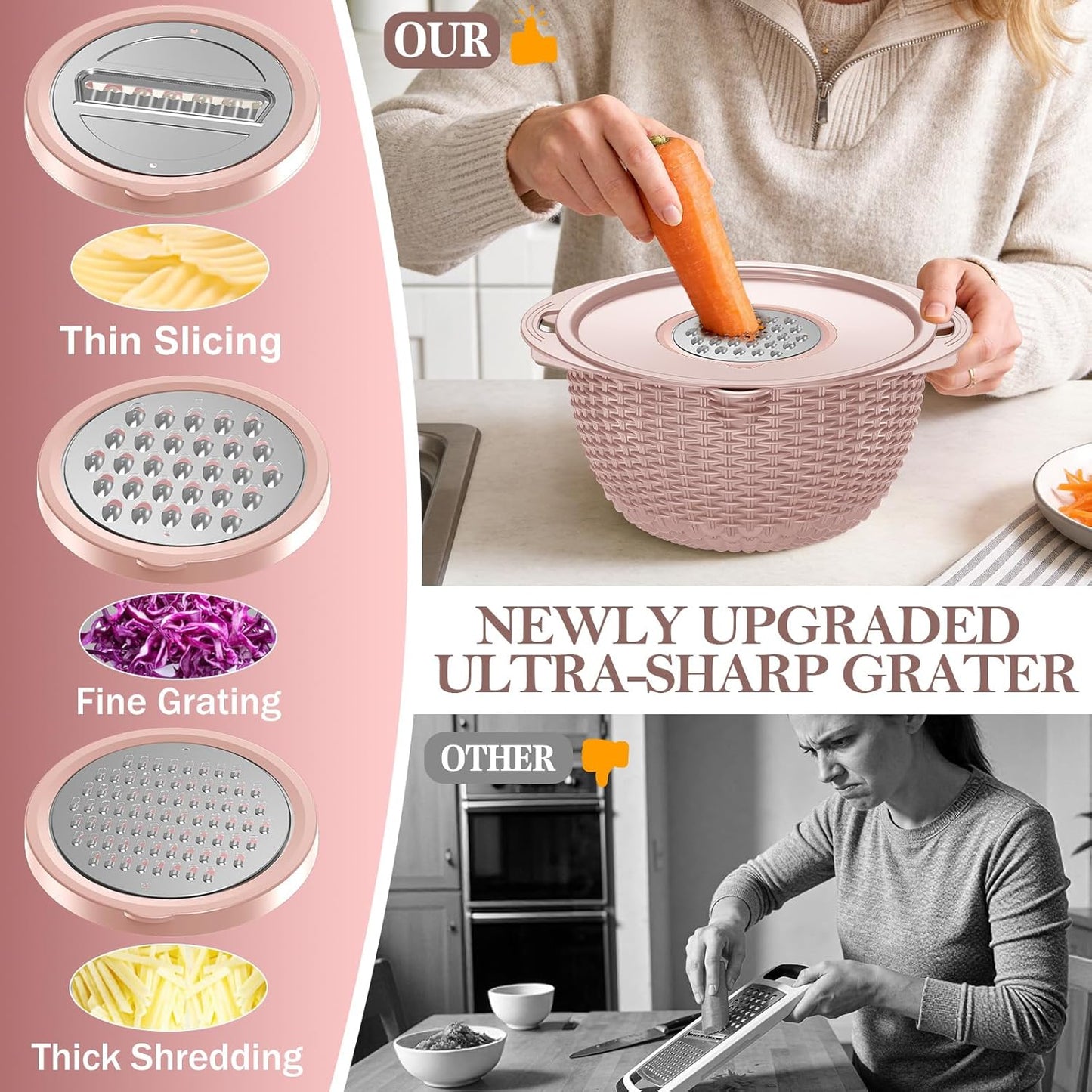 4-in-1 Colander with Bowl Set — Patented 360° Rotatable Strainer Bowl with 3 Graters, Snap-On Lid & Non-Slip Base, Funny Kitchen Present for Women, Aesthetic Pasta Fruit Vegetable Strainer (Beige)