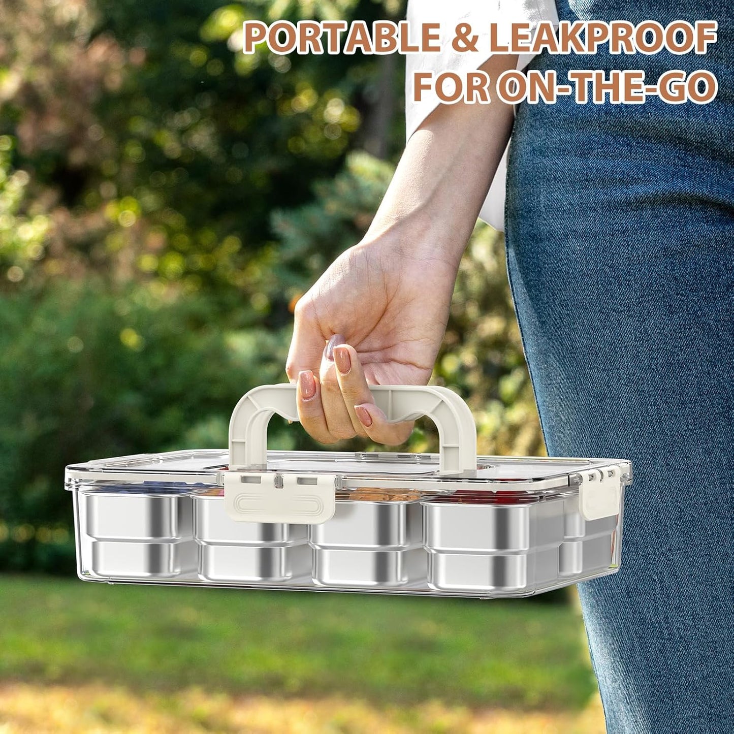Snackle Box Container,8 Compartment Stainless Steel Food Storage with Silicone Lid & Handle,Clear Divided Fruit Nut Veggie Tray for Kitchen, Picnic, Party