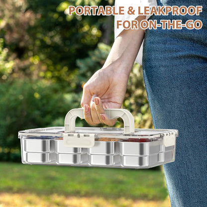 Snackle Box Container,8 Compartment Stainless Steel Food Storage with Silicone Lid & Handle,Clear Divided Fruit Nut Veggie Tray for Kitchen, Picnic, Party