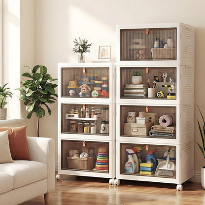 LDQ 136Qt Large Storage Bins with Lids, 4 Tier Stackable Storage Cabinet with Wheels & Clear Doors, Foldable Plastic Closet Organizer for Bedroom, Bathroom & Kitchen