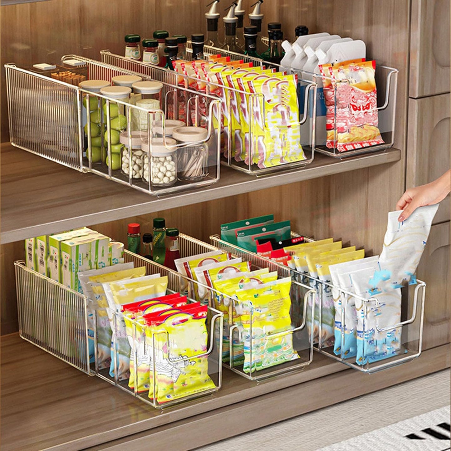 TARSHYRY Clear Plastic Food Storage Organizer Bins with 3 Removable Dividers for Pantry Kitchen Fridge Cabinet Organization and Storage Packet Tea Bag Coffee Sweetener Holder (Regular Version)