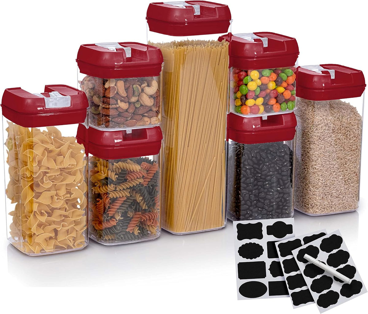 Set of 7 Airtight Food Storage Containers - Pantry Organizer Bins, BPA Free Plastic Containers plus Dry Erase Marker and Labels, White