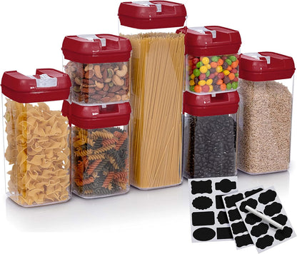 Set of 7 Airtight Food Storage Containers - Pantry Organizer Bins, BPA Free Plastic Containers plus Dry Erase Marker and Labels, White