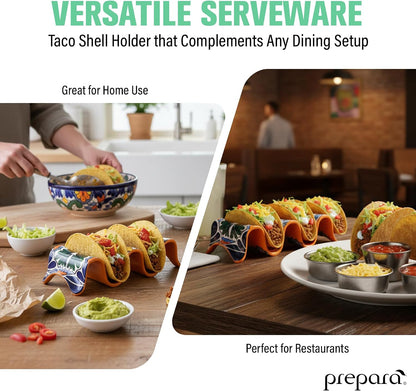 Prepara Taco Holder, Day of the Dead Design - Decorative Soft/Hard Shell Stand, Durable Melamine Food Organizer for Día de los Muertos, Festive Serveware for Taco Nights & Restaurant Use (3-Pack)