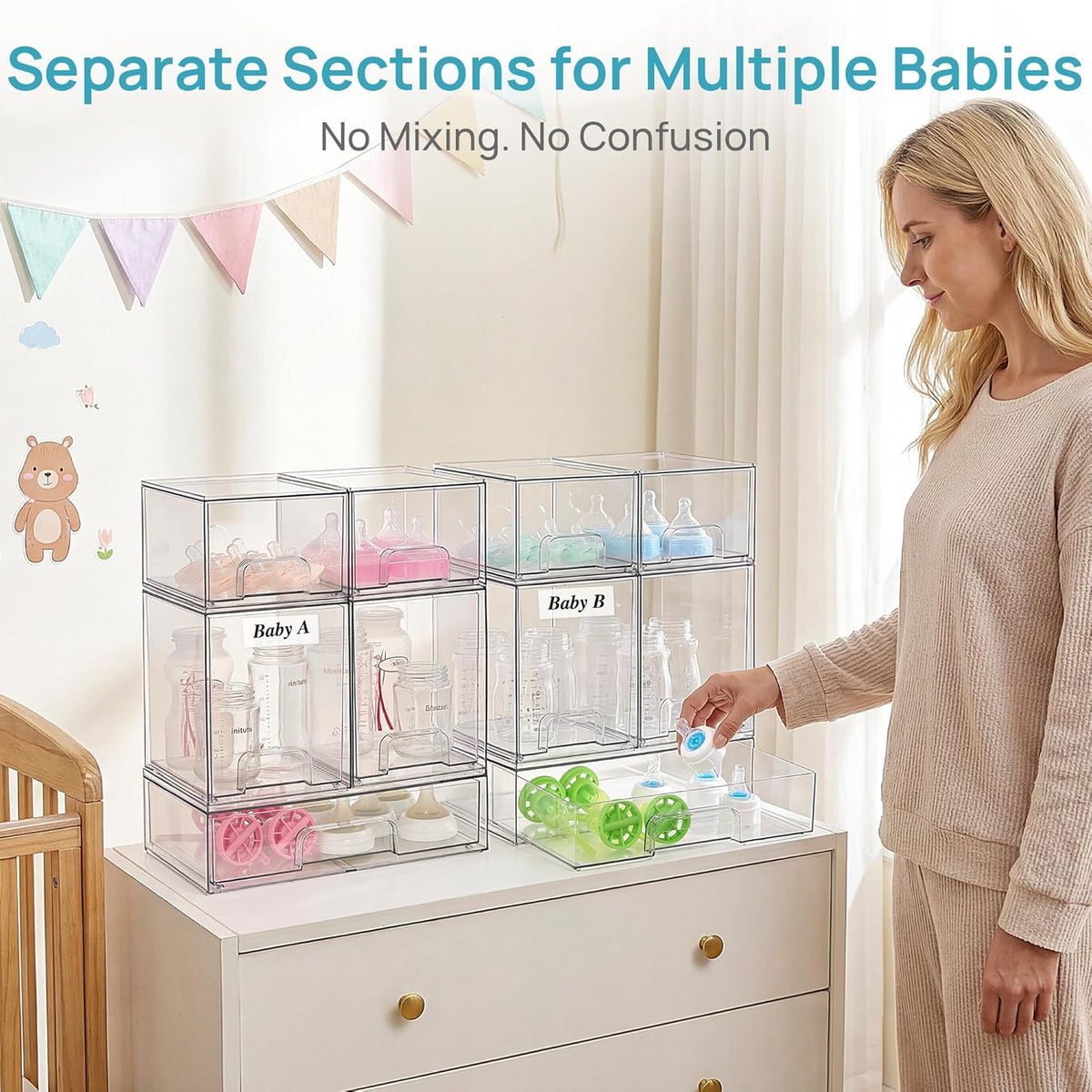 Vtopmart Stackable Storage Drawers Set of 5, Clear Plastic Organizer Bins for Baby Bottle, Beauty Supplies Storage, Ideal for Kichen Countertop, Vanity, Bathroom, Cabinet, Pantry Organization