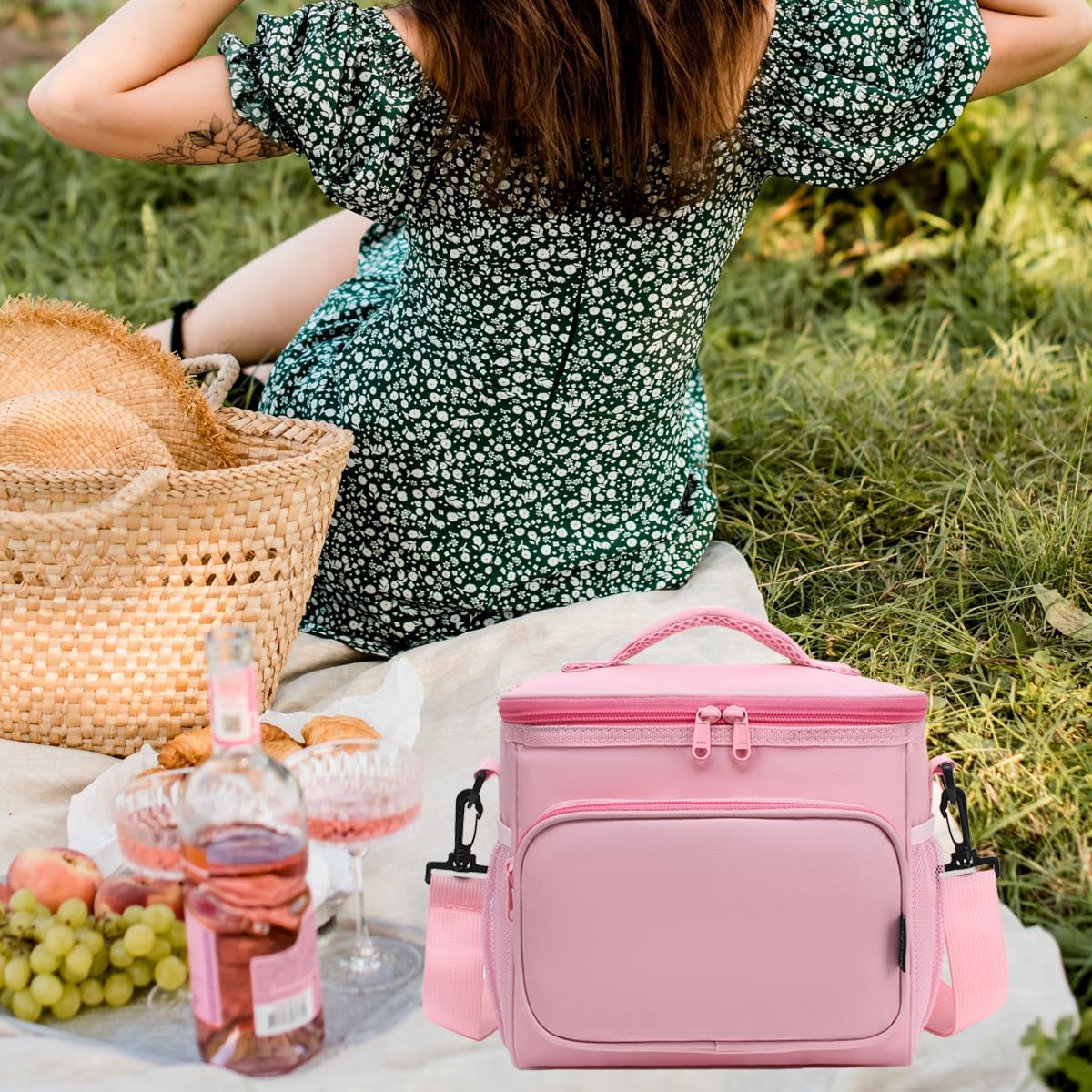 FlowFly Insulated Reusable Lunch Bag Adult Large Lunch Box for Women and Men with Adjustable Shoulder Strap,Front Zipper Pocket and Dual Large Mesh Side Pockets,Cherry - Colors A