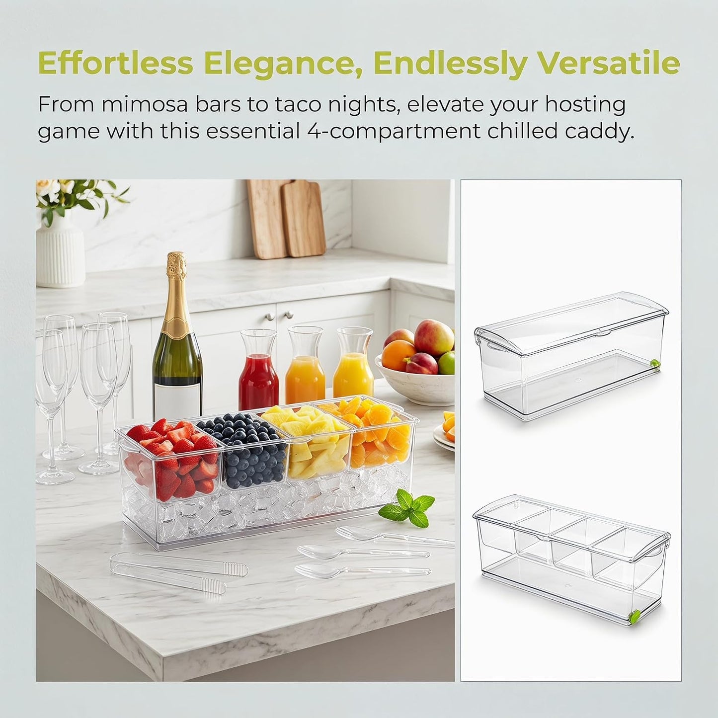 Jucoan Large Ice Chilled Condiment Server with Lid, 4 Compartments Chilled Condiment Caddy, Bar Garnish Serving Platter Holder Tray for Mimosa Taco Salad Soda Lemonade Bar Supplies, 2 Tongs, 6 Forks