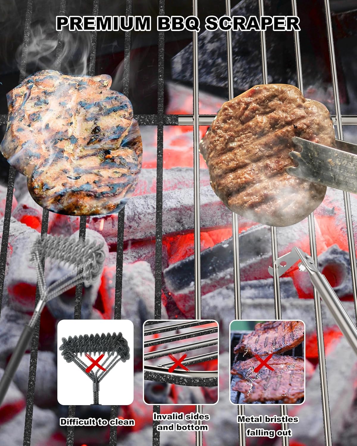 Premium Grill Cleaning Tool - 19.5 Inch Grill Grate Scraper for Outdoor Grills with Round Grates - Outdoor Scraping BBQ Tool Bristle Free, Safe and Cleaning the Top and Bottom of Grates