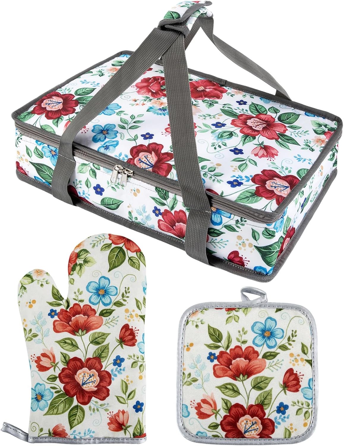 Pioneer Woman Style Insulated Casserole Carrier for Hot or Cold Food, Fits 9x13 Baking Dish,Floral Thermal Lasagna Lugger Tote with Oven Mitts and Pot Holders Set,Gift for Women, Mother's Day.3 PCS