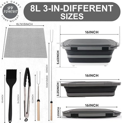 Collapsible BBQ Prep Tub 8L Black | Portable Meat Marinating Container with Locking Cutting Board Lid, BBQ Tongs, 2 Meat Shredding Claws & 2 Heat-Resistant Grill Gloves for Camping & Grilling