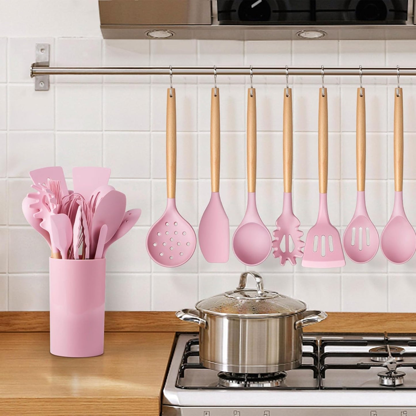 LIANYU 15 PCS Silicone Kitchen Utensils Set with Holder, Cooking Utensils set for Nonstick Cookware, Heat Resistant & Non Toxic Spatula Ladle Tong, White