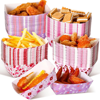 Honeydak 100 Pieces Mother's Day Heart Pattern Paper Food Trays Disposable Nacho Container Paper Boats Serving Trays for Hot Dog Popcorn Taco Snack Candy Food Container Party Supplies