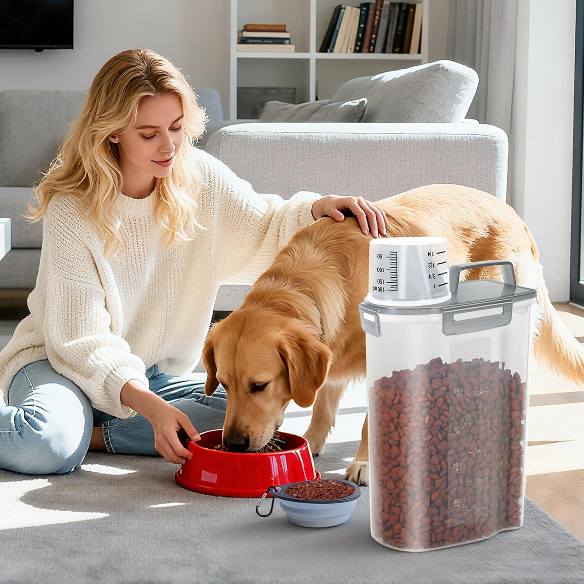 LEAWALK Airtight Small Cat Dog Pet Food Storage Containers BPA Free, with Large Pour Spout/1 Measuring Cup/ 4 Safety Locks and Double-layer Silicone Strip (Olive Gray x 2, 3L-2pack)