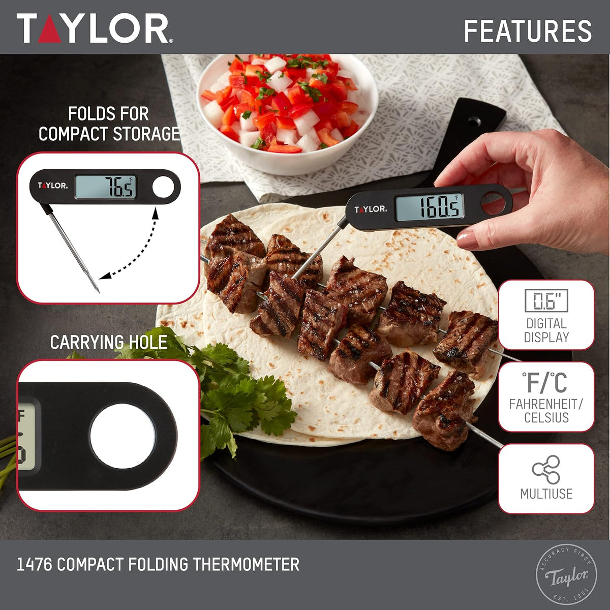 Taylor Digital Folding Stem Food Thermometer Black
