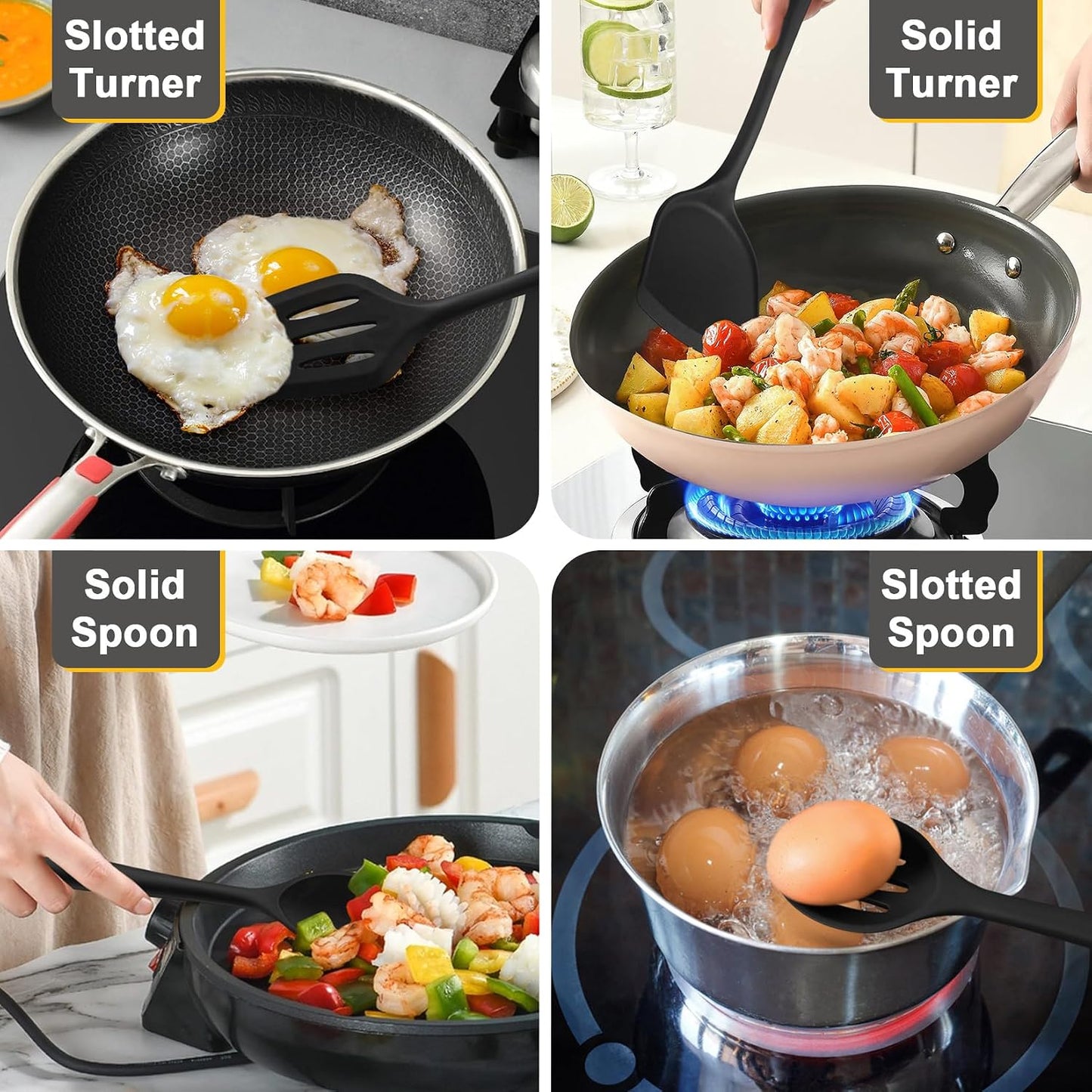 P&P CHEF Kitchen Utensil Set, 4 Pieces Non-stick Silicone Cooking Utensils, Heat-resistant Slotted Solid Spoon Turner for Frying, Mixing, Serving, Non-toxic & Easy to Clean, Blue