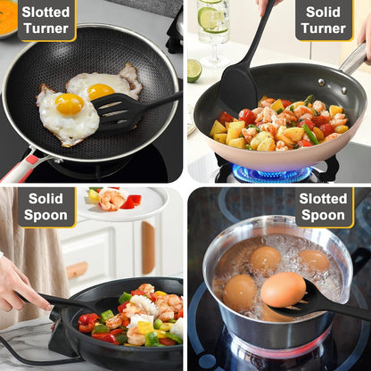 P&P CHEF Kitchen Utensil Set, 4 Pieces Non-stick Silicone Cooking Utensils, Heat-resistant Slotted Solid Spoon Turner for Frying, Mixing, Serving, Non-toxic & Easy to Clean, Blue