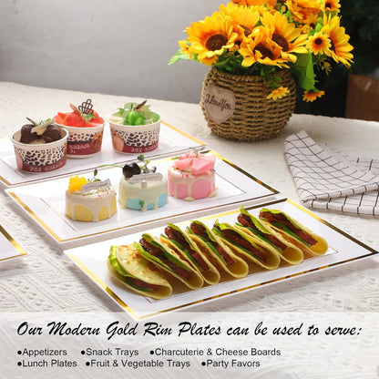 Uiifan 30 Pcs Plastic Serving Tray Bulk White Gold Rim Elegant Rectangle Disposable Plastic Dessert Table Display Set Serving Trays Platter for Weddings Birthday Party Food Fruit Dessert 8 x 13 Inch
