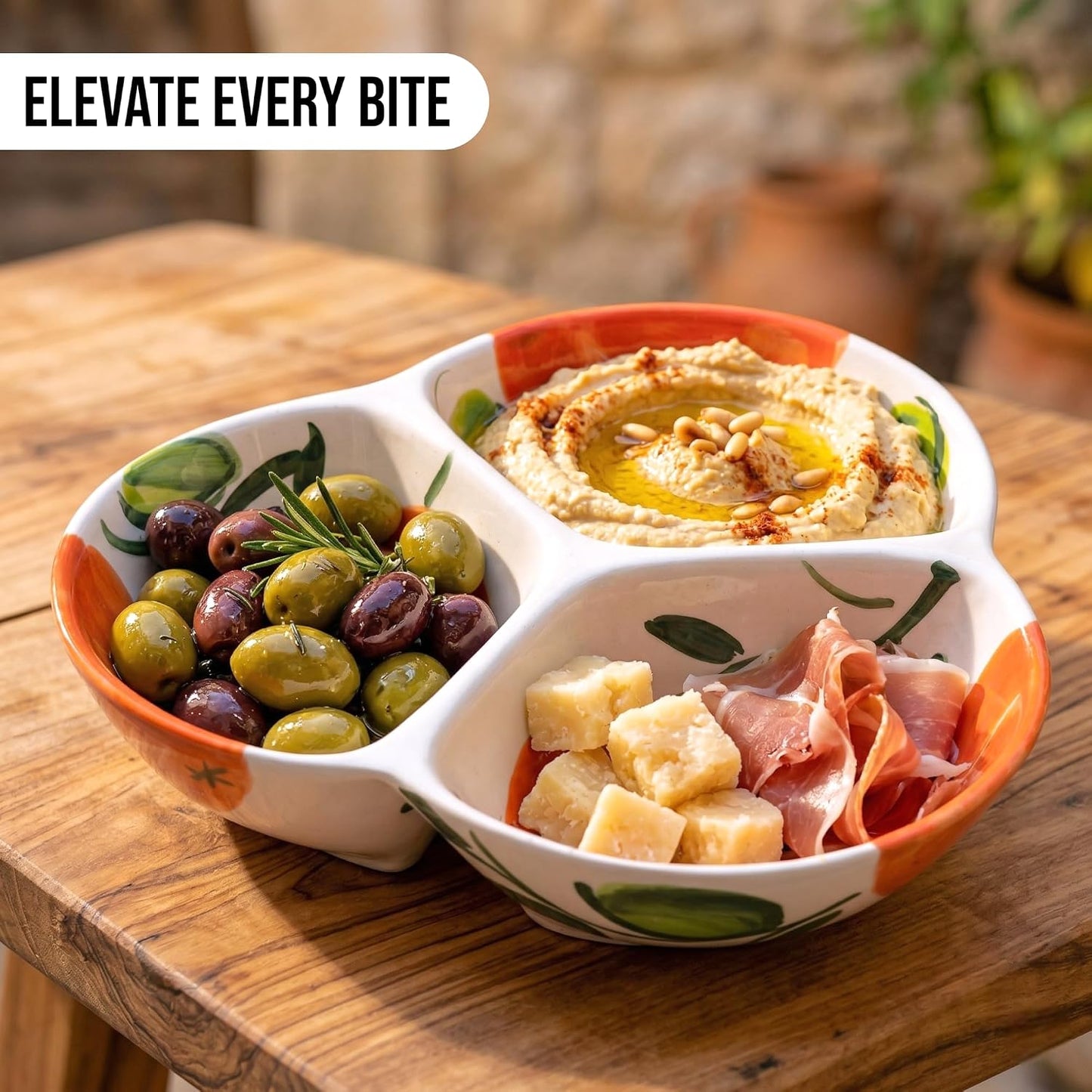 Ceramic Chip & Dip Bowl 7.5”, 3-Compartment Divided Serving Dish & Condiment Tray for Appetizers – Handmade in Spain, Lead-Free Glaze, Microwave, Oven & Dishwasher Safe