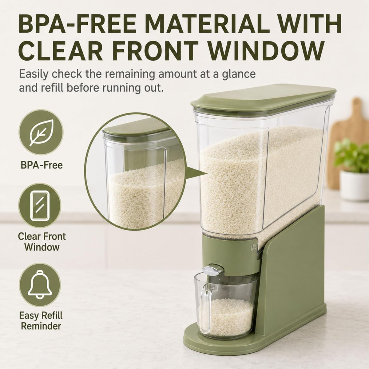 ROOM127 Rice Dispenser 22 Lbs, Large Airtight Grain Container, Cream White | Family Size Storage, BPA-Free, Moisture-Proof Seal, One-Touch Pouring, Clear Window, for Cereal, Beans, Oats & Dry Food