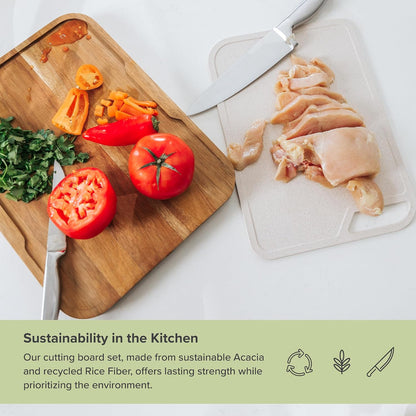 KitchenEdge Premium Acacia Cutting Board with Nesting Rice Fiber Chopping Board for Cooking Prep, 2 Piece Kitchen Set, Non-Slip Feet with Juice Groove, Heavy Duty, Pre Oiled, 17” x 12.5”