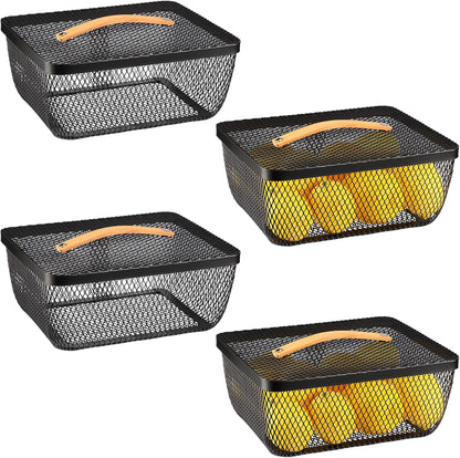Tandefio 4 Pcs Metal Mesh Basket with Lid and Wooden Handle 9.65 x 7.68 Inch Wire Storage Basket Garden Baskets Organizer Containers for Vegetable Fruit Picnic Kitchen Bathroom (White)