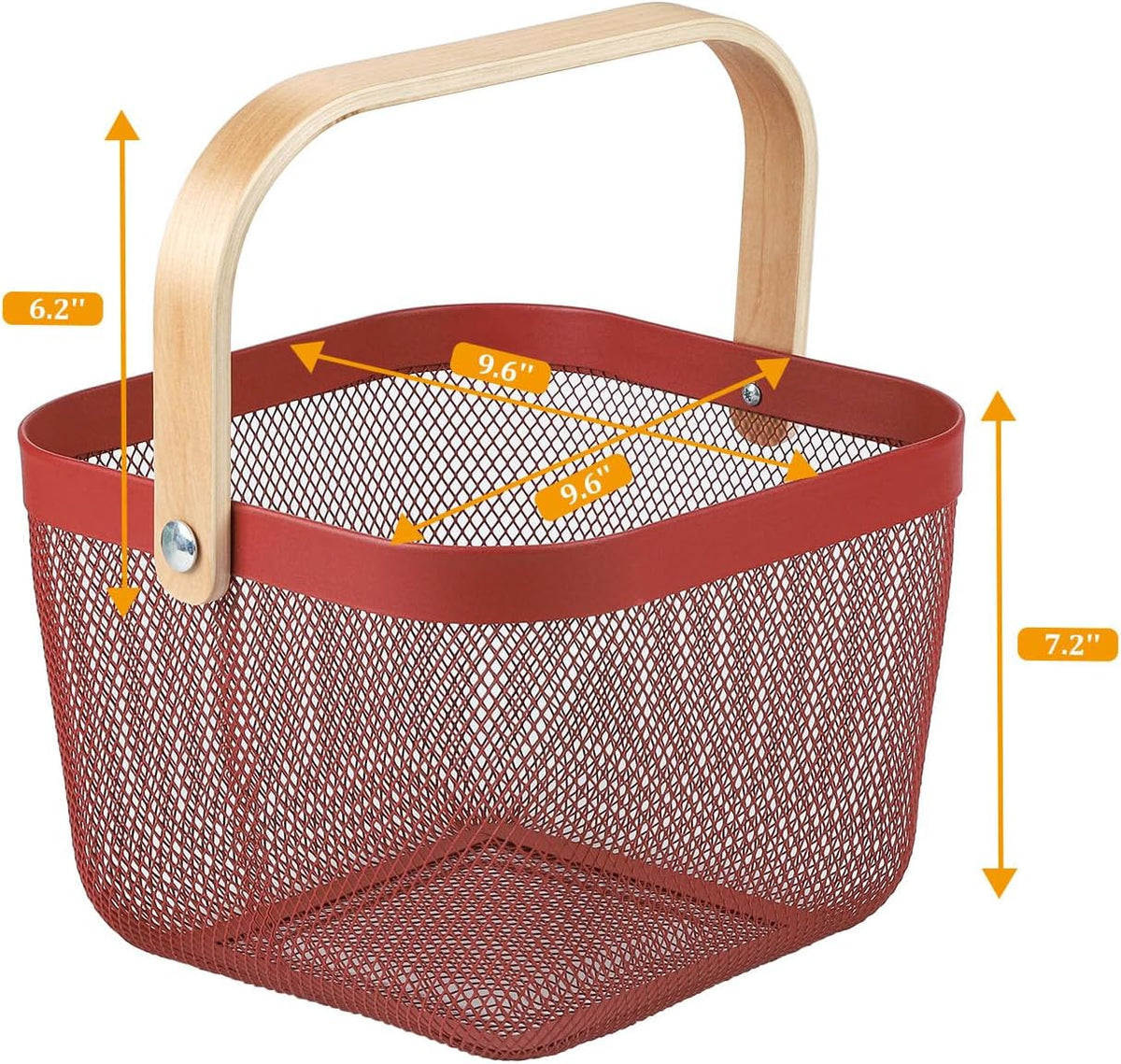 Coloful Metal Mesh Wire Basket with Foldable Wooden Handle,Bin Garden Fruit Vegetable Storage Hanging Harvest Holder for Kitchen Bathroom Picnic (Yellowish Green, Cuboid-15.7 x 9.5 x 7.2“)