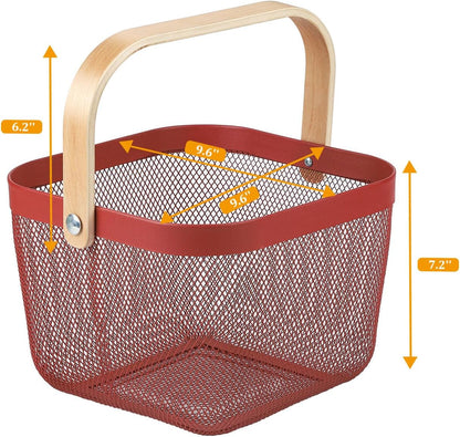 Coloful Metal Mesh Wire Basket with Foldable Wooden Handle,Bin Garden Fruit Vegetable Storage Hanging Harvest Holder for Kitchen Bathroom Picnic (Yellowish Green, Cuboid-15.7 x 9.5 x 7.2“)