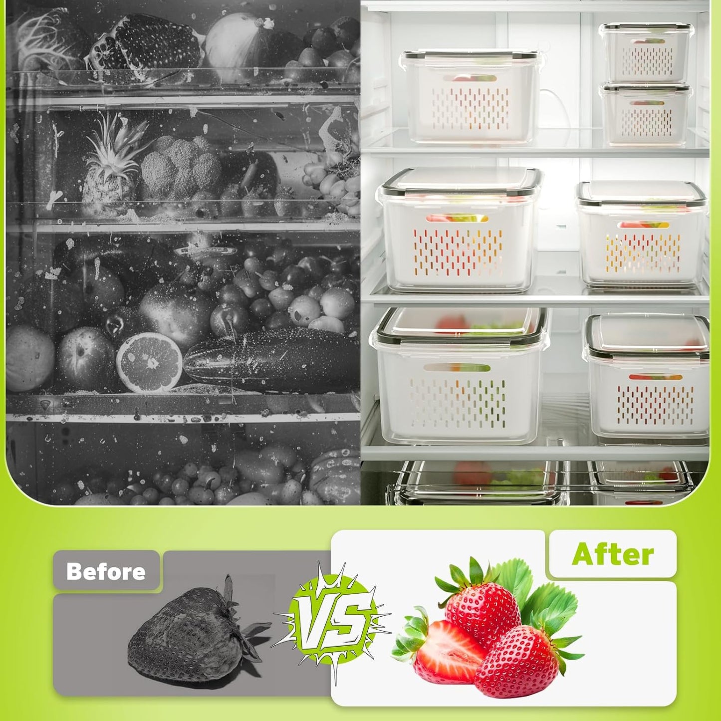 HOMETALL 5 Pack Fruit Storage Containers for Fridge, Plastic Fruit Containers for Fridge with Removable Colanders, Leakproof Fridge Organizers and Storage for Berry Vegetable Salad Lettuce Meat Food
