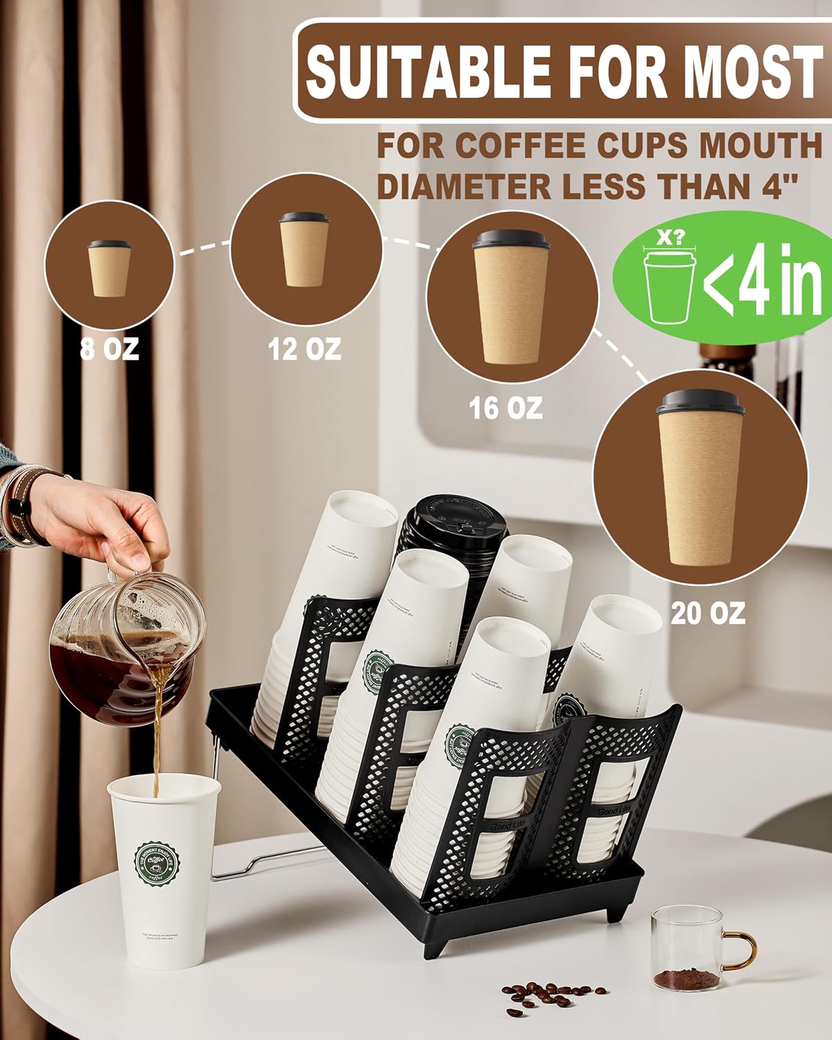 Coffee Cup Holder,Cup and Lid Dispenser with Stand,Disposable Cups Organizer,3 Slots,for Coffee Station,Bar,Office,Home,Restaurant,Breakroom,Countertop