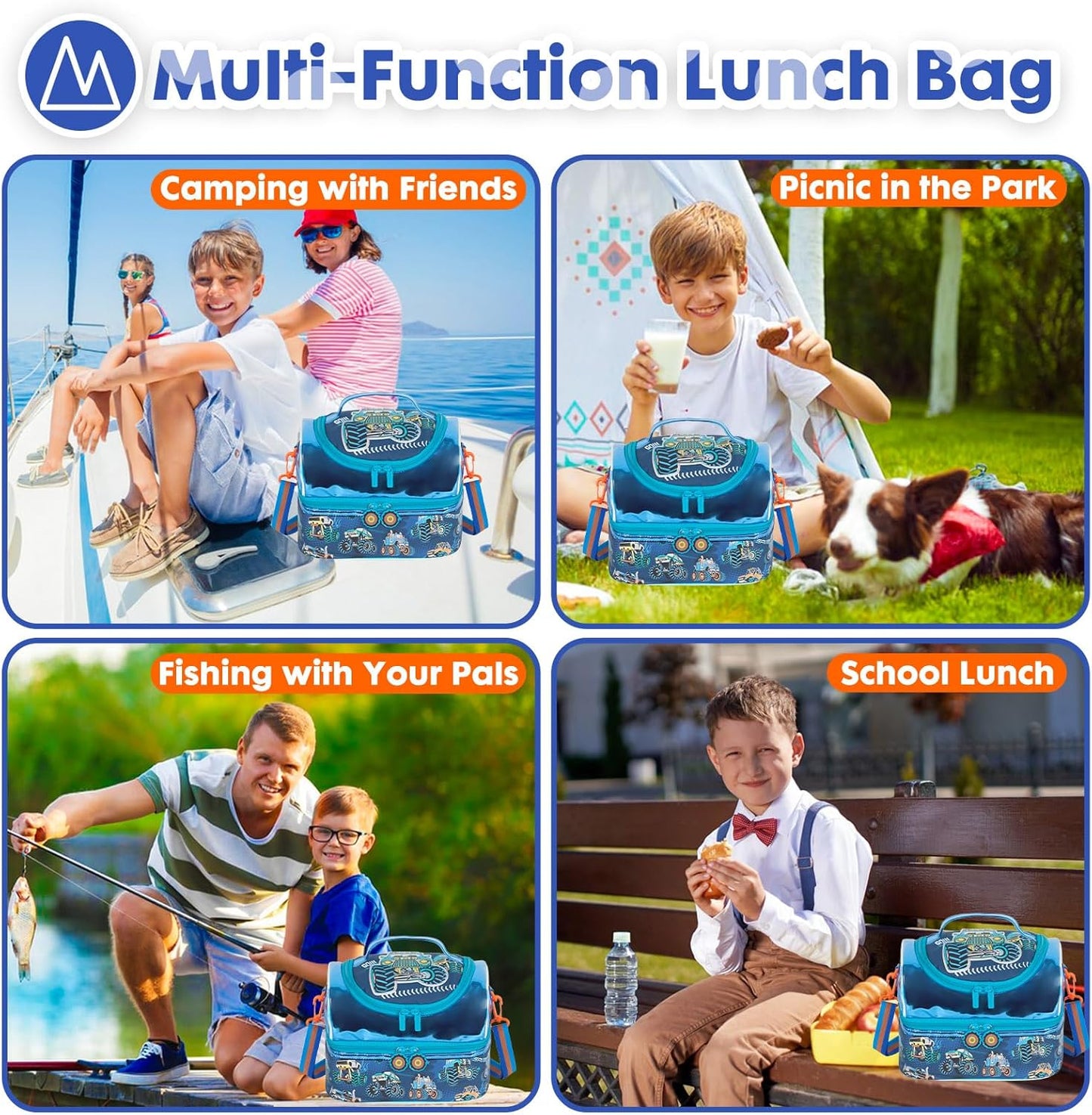 Kids Double Decker Cooler Insulated Lunch Bag, Back to School Large Meal Tote for Boys, Girls, Men, Women, with Adjustable Strap, Soccer