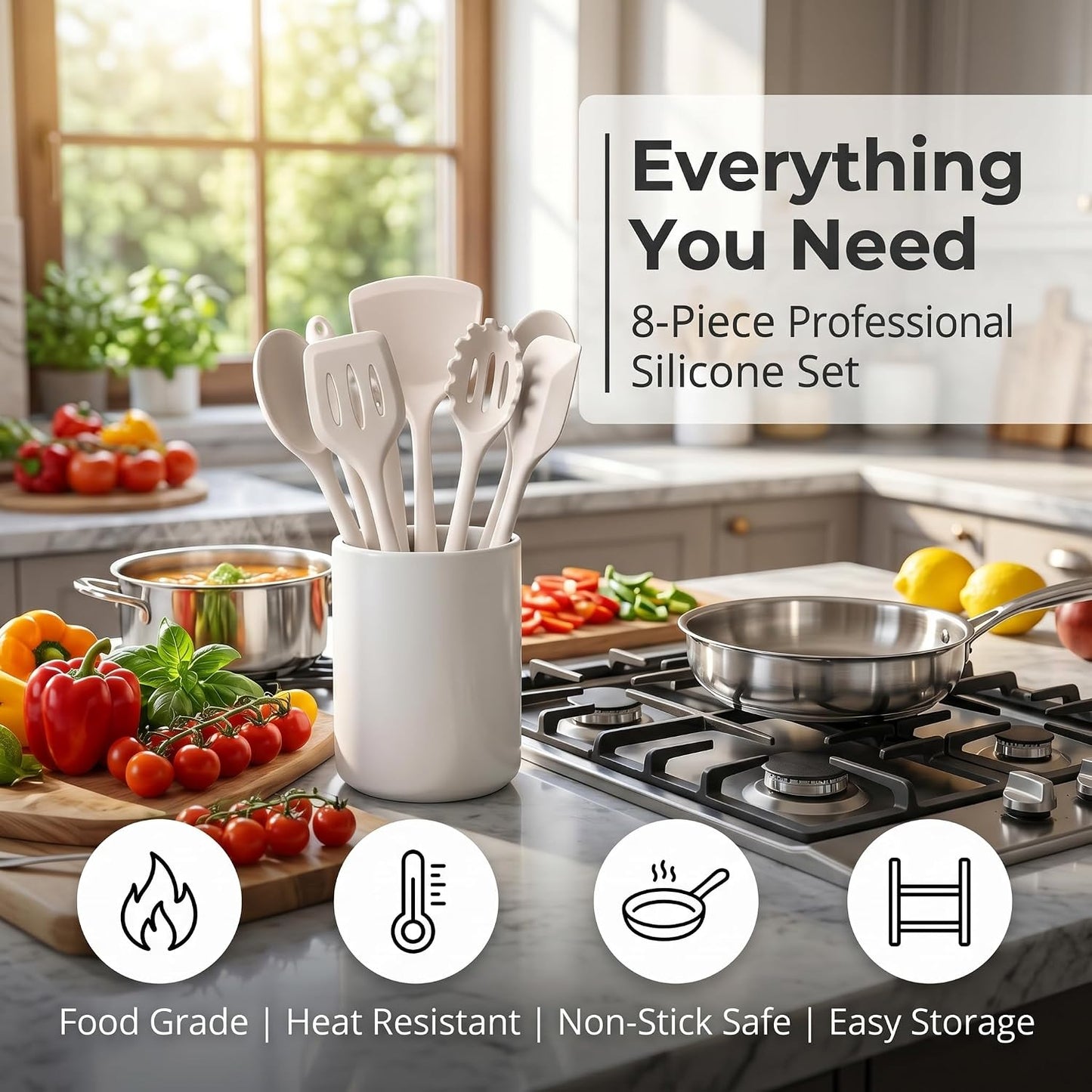 LIANYU Non-Toxic Silicone Kitchen Utensils Set, 8 Piece Non-Scratch Cooking Spoons & Spatulas, Stainless Steel Core, Heat Resistant & Dishwasher Safe, Khaki