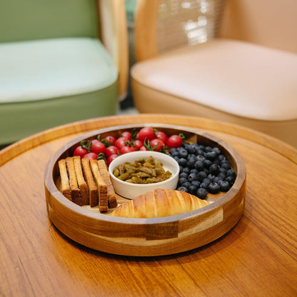 Defined Deco12in Serving Tray and Platters, Acacia Wood chip & dip Sets for Party, 360° Rotatable Serving Dishes for Chips and Dip, Fruit,Veggies, Candy and Snack, (Including 2X Dip Bowls, 1 Spoon)