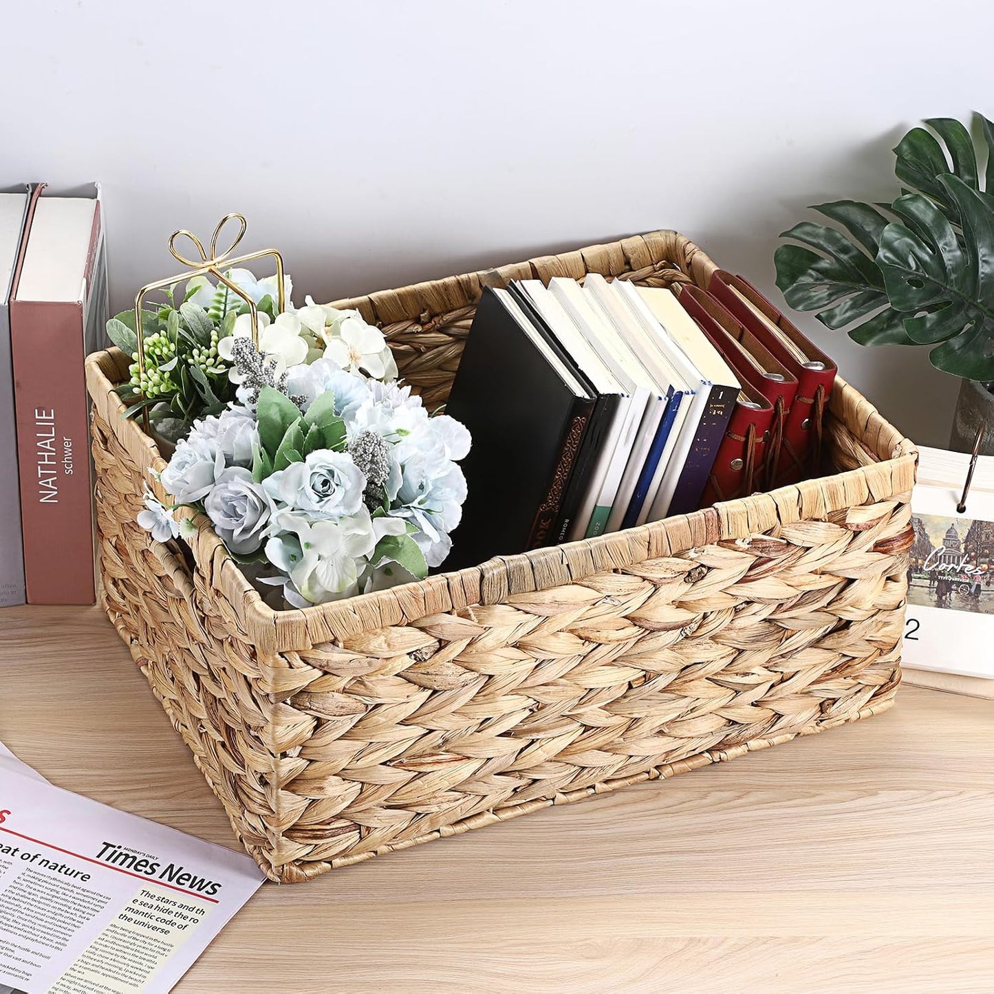 Hipiwe Water Hyacinth Storage Basket Bin Handwoven Decorative Basket Large Wicker Baskets Box with Handles Open Storage Bin Rectangular Baskets Containers for Shelf Pantry Organizing