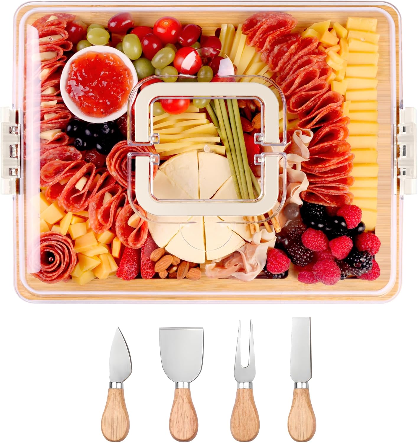 CAWIU Portable Travel Charcuterie Board with Lid and Handle - Large Bamboo Cheese Board with 4 Cheese Knife Set for Outdoor, Picnics - Weddings, House Warming Gift for Women (1 Compartment, White)
