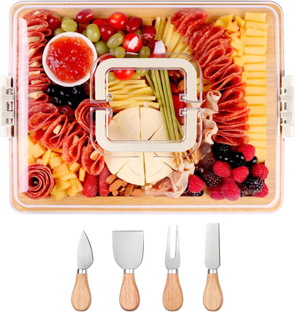 CAWIU Portable Travel Charcuterie Board with Lid and Handle - Large Bamboo Cheese Board with 4 Cheese Knife Set for Outdoor, Picnics - Weddings, House Warming Gift for Women (1 Compartment, White)